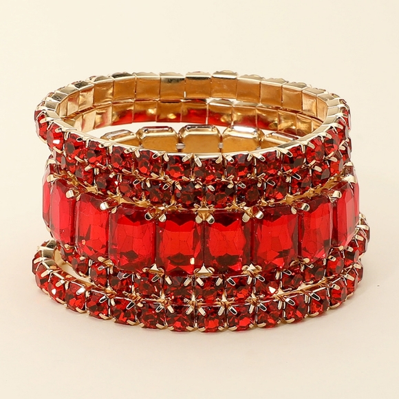 Red Emerald Cut Crystal Wide Stretch Bracelet 5 Pcs Bling 1.75 Inches - Picture 1 of 3